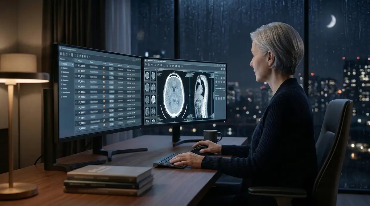 Radiologist reading scans late at night from a comfortable home office with soft desk lighting