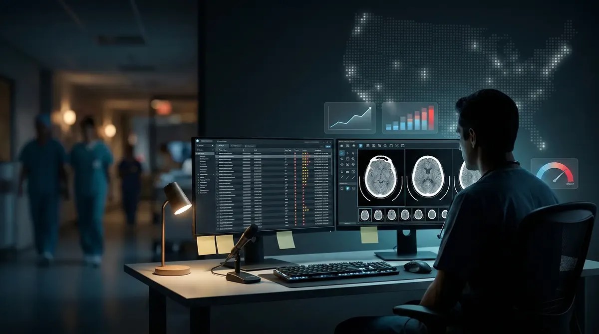 Empty radiology reading room with unread studies queued on multiple monitors