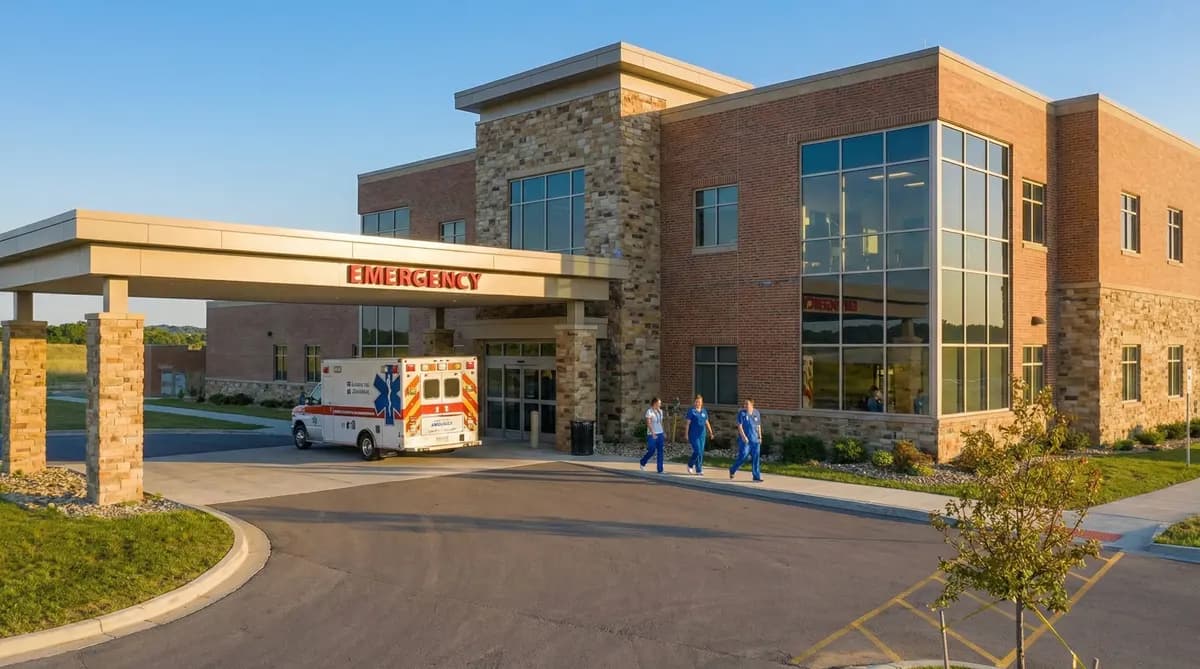 Small rural hospital with mountains in the background and a radiology department sign