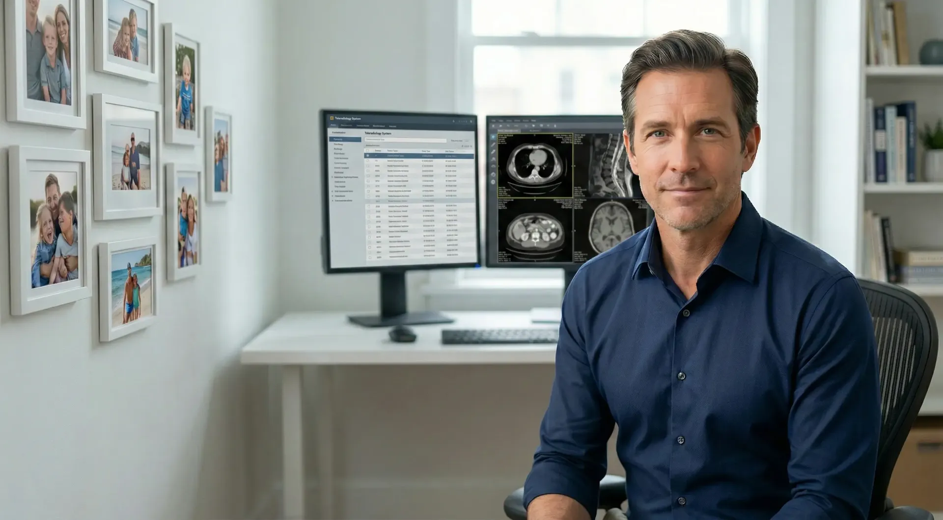 Radiologist in a home office with family photos and radiology imaging monitors