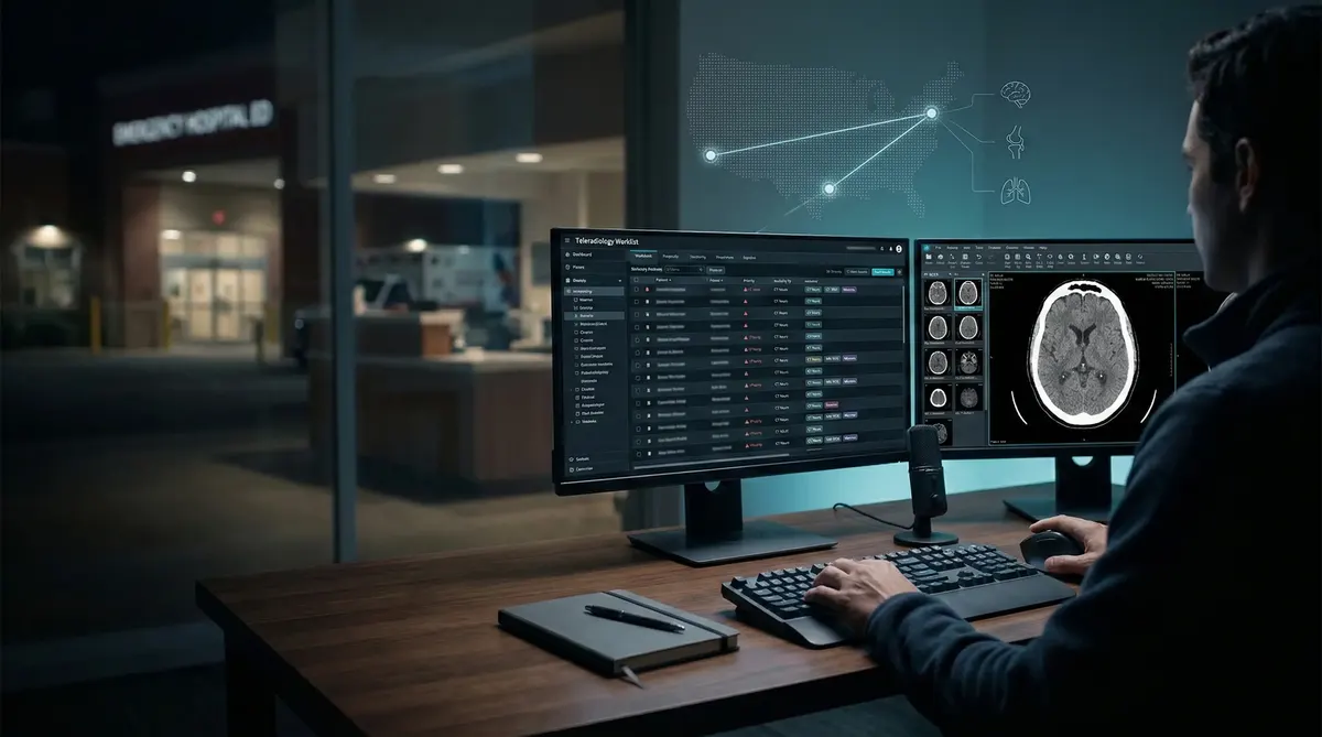 Fellowship-trained neuroradiologist reviewing brain MRI scans on a high-resolution monitor