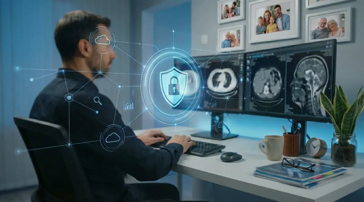 Digital shield icon overlaid on a secure cloud server room with encrypted data streams