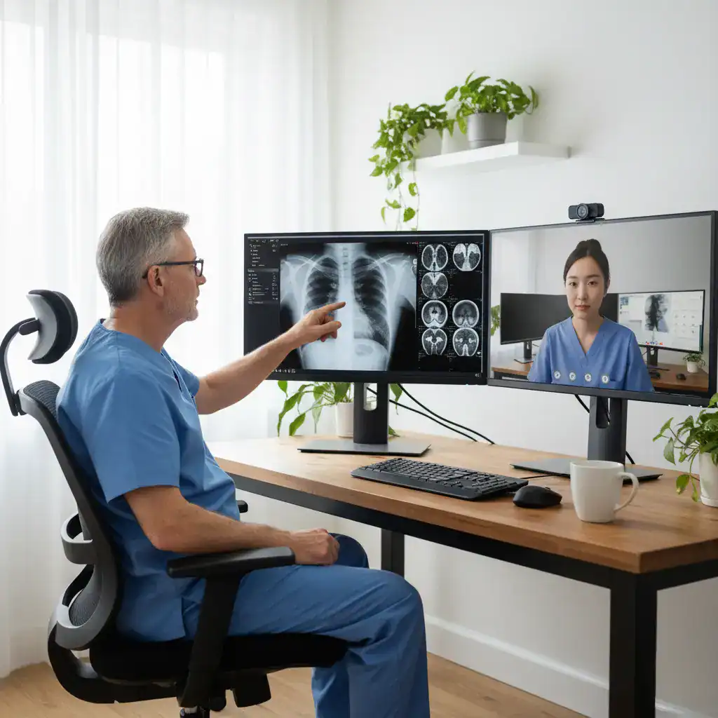 Young radiologist reviewing scans on a monitor with a mentor observing remotely