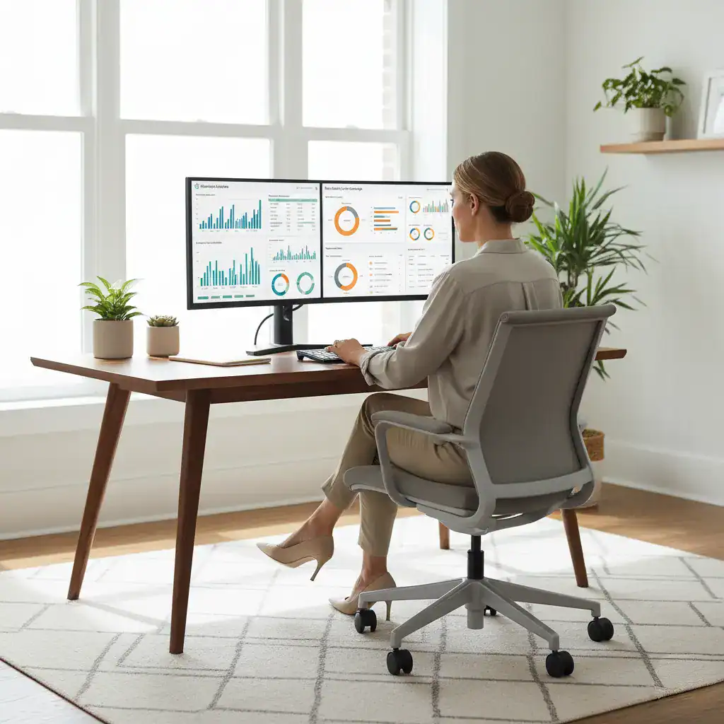 Hospital CFO reviewing radiology staffing cost reports at a conference table
