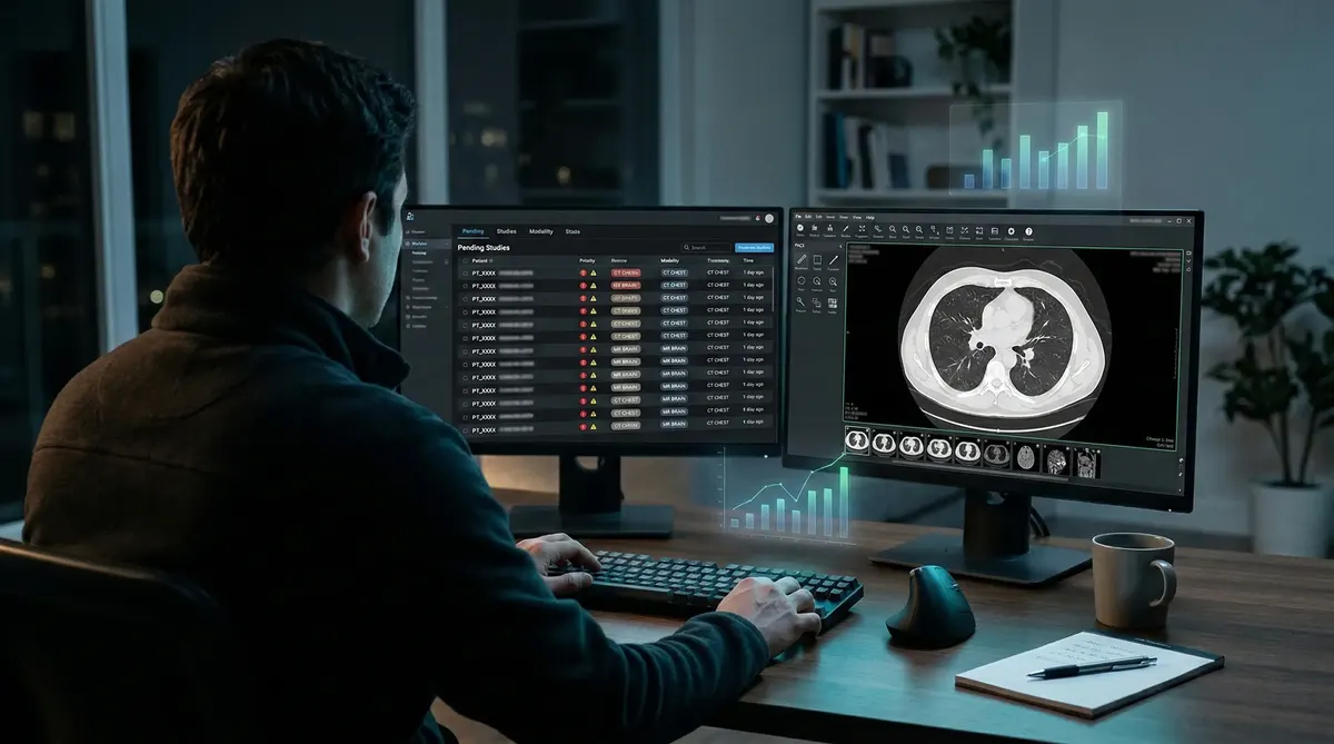 Radiologist reviewing earnings dashboard on a laptop in a home office