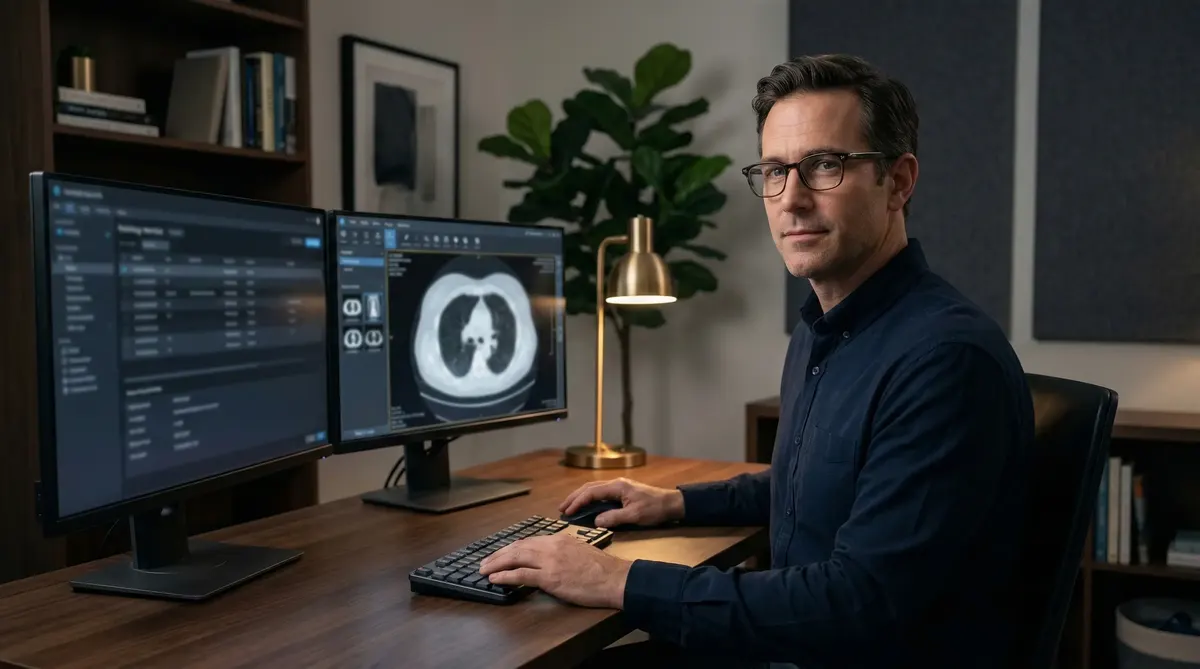 Radiologist reading chest CT scans from a home office with dual monitors and a desk lamp