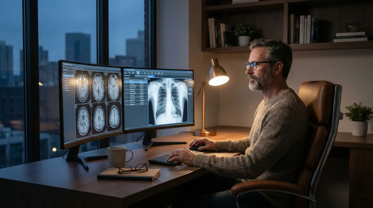 Exhausted radiologist in a dimly lit hospital reading room surrounded by monitors