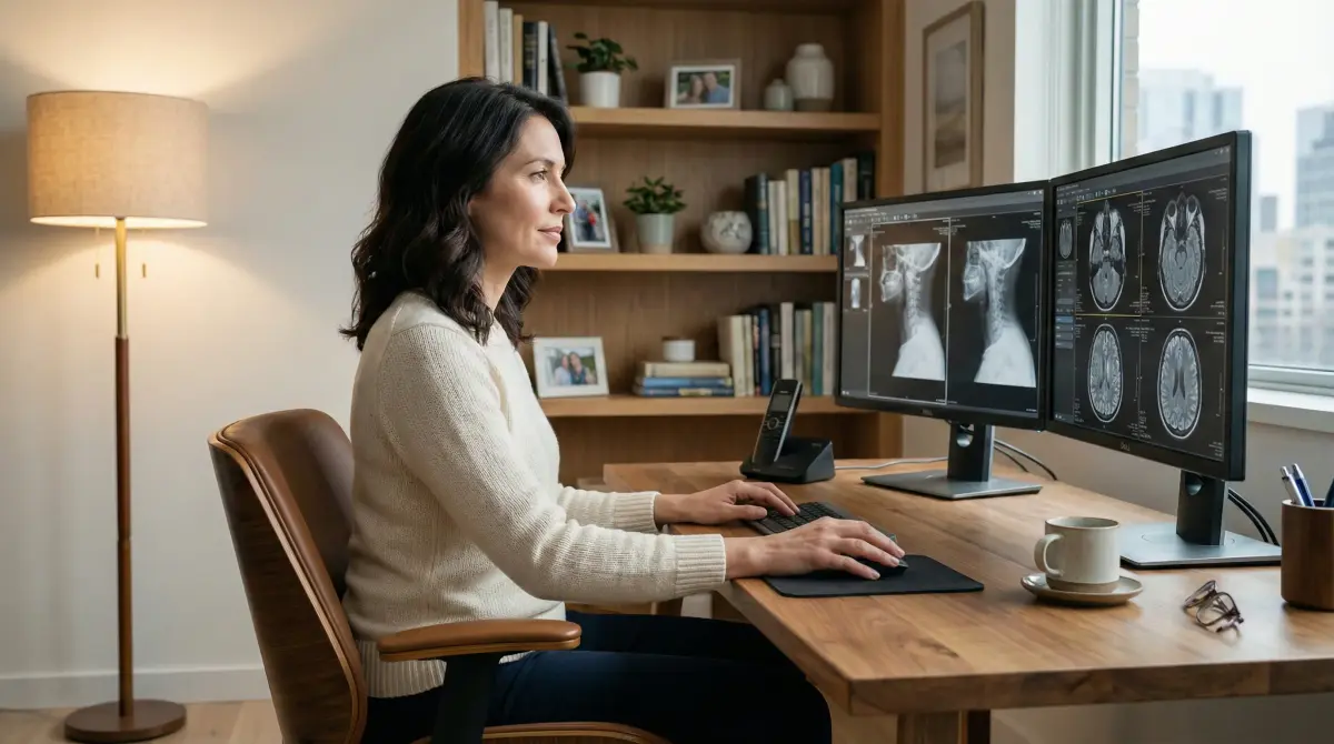 Radiologist reading scans calmly from a quiet home office