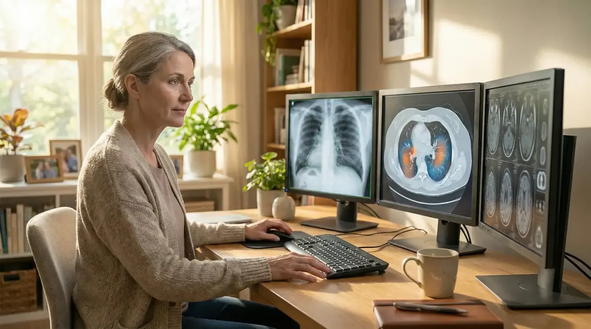 Radiology workstation with AI-assisted diagnostic overlay highlighting a lung nodule