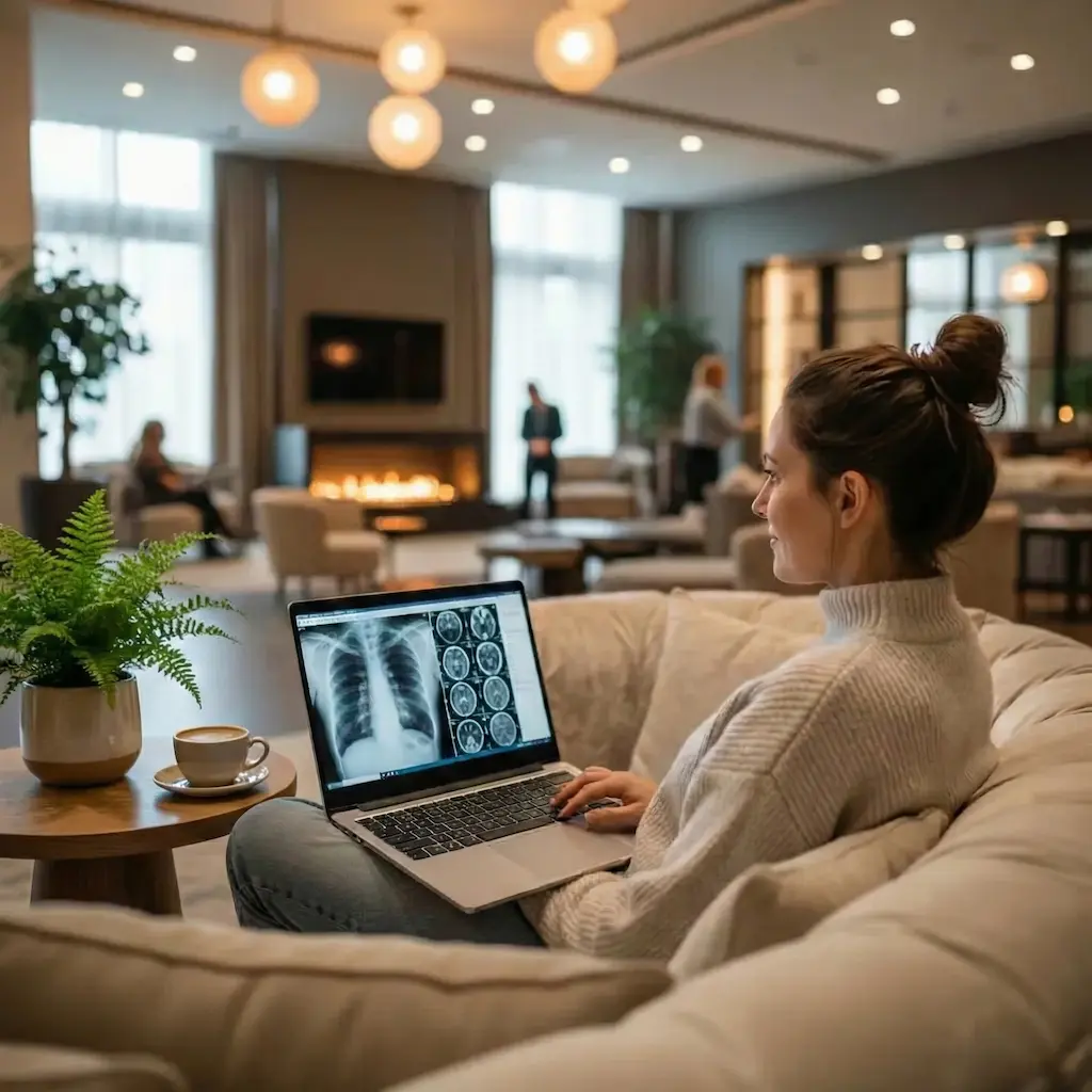 Radiologist working remotely from a laptop in a home setting
